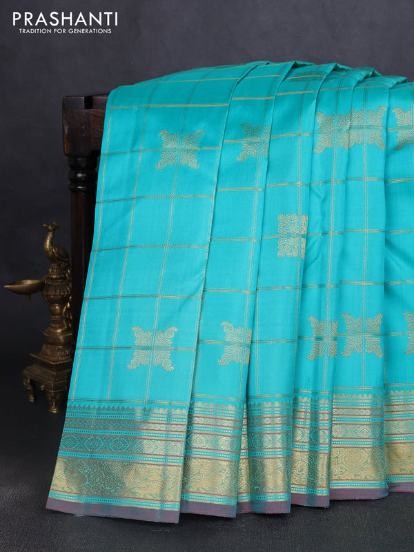 Pure kanchipuram silk saree teal blue and maroon with allover zari checks & buttas and rich zari woven border