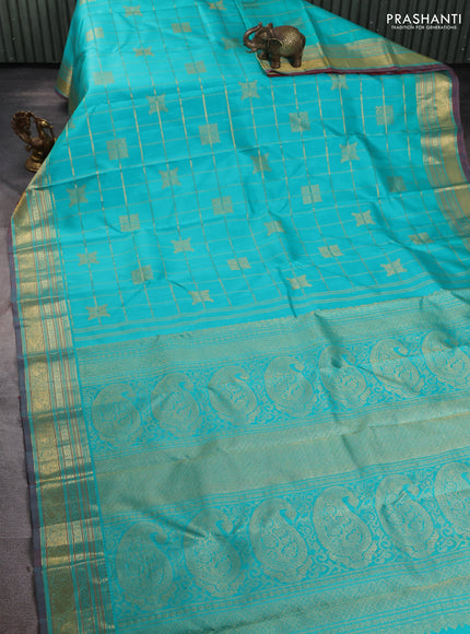 Pure kanchipuram silk saree teal blue and maroon with allover zari checks & buttas and rich zari woven border