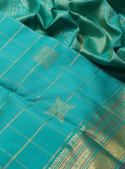 Pure kanchipuram silk saree teal blue and maroon with allover zari checks & buttas and rich zari woven border
