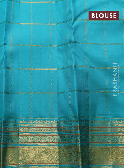 Pure kanchipuram silk saree teal blue and maroon with allover zari checks & buttas and rich zari woven border