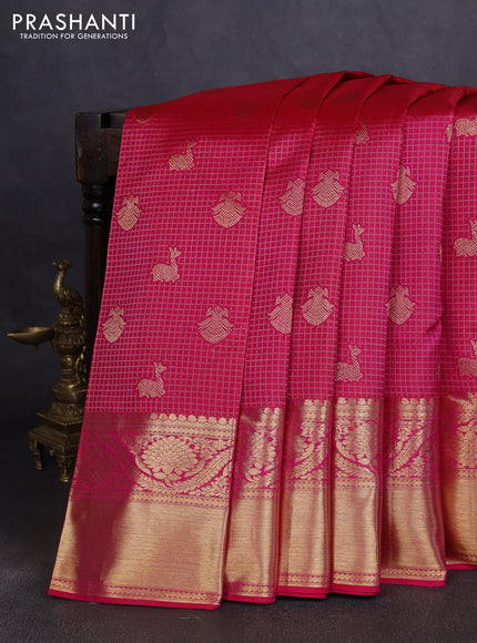 Pure kanchipuram silk saree pink with allover zari woven checked brocade pattern and long rich zari woven border