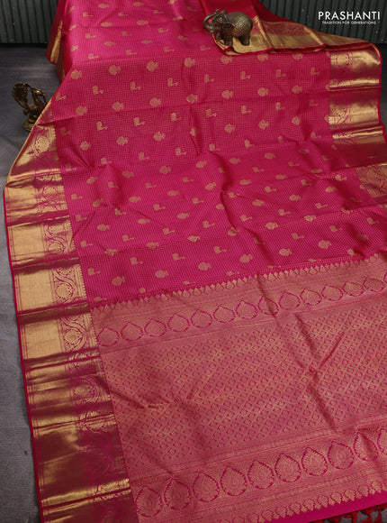 Pure kanchipuram silk saree pink with allover zari woven checked brocade pattern and long rich zari woven border