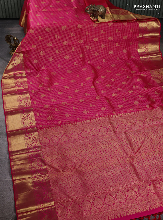 Pure kanchipuram silk saree pink with allover zari woven checked brocade pattern and long rich zari woven border