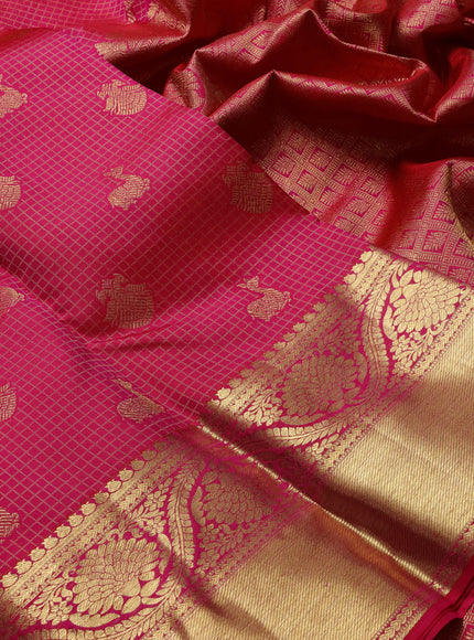 Pure kanchipuram silk saree pink with allover zari woven checked brocade pattern and long rich zari woven border