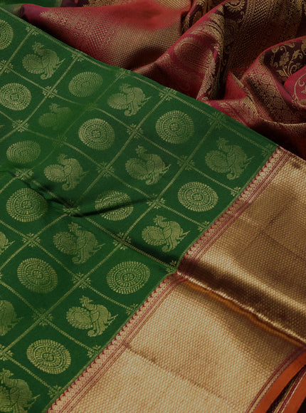 Pure kanchipuram silk saree green and maroon with allover zari woven checked brocade pattern and long rich zari woven border
