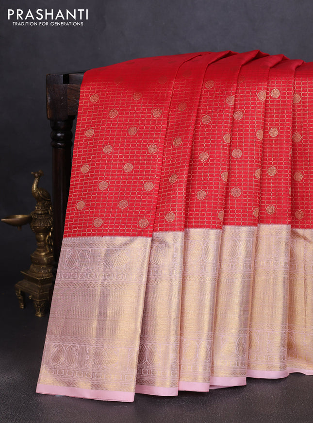 Pure kanchipuram silk saree red and mild peach with allover zari woven checked brocade pattern and long rich zari woven border