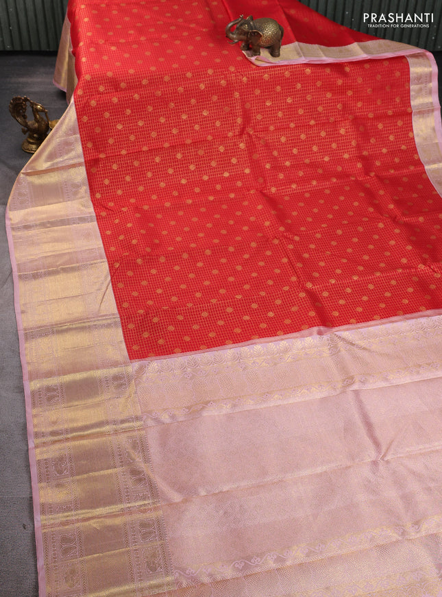 Pure kanchipuram silk saree red and mild peach with allover zari woven checked brocade pattern and long rich zari woven border