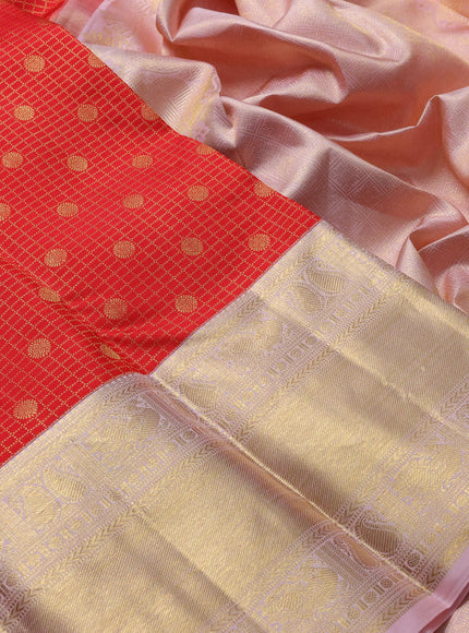 Pure kanchipuram silk saree red and mild peach with allover zari woven checked brocade pattern and long rich zari woven border