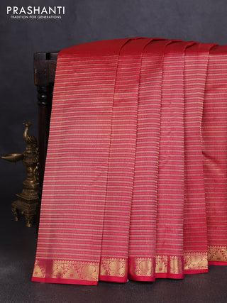 Pure kanchipuram silk saree dual shade of pinkish orange with allover zari woven brocade weaves and temple & annam zari woven border