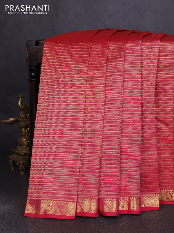 Pure kanchipuram silk saree dual shade of pinkish orange with allover zari woven brocade weaves and temple & annam zari woven border