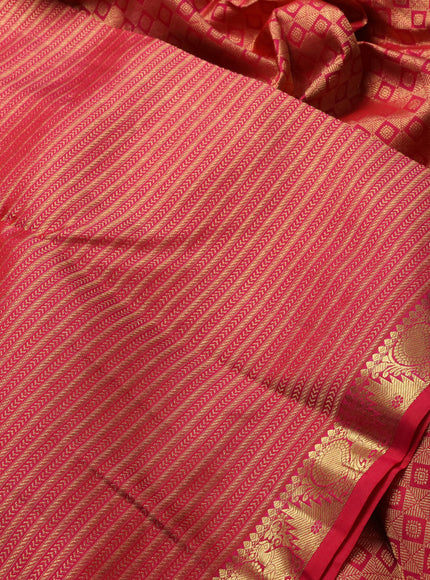 Pure kanchipuram silk saree dual shade of pinkish orange with allover zari woven brocade weaves and temple & annam zari woven border