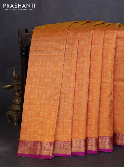 Pure kanchipuram silk saree mustard yellow and purple with allover zari woven brocade weaves and zari woven border