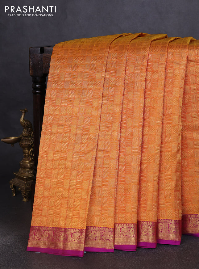 Pure kanchipuram silk saree mustard yellow and purple with allover zari woven brocade weaves and zari woven border