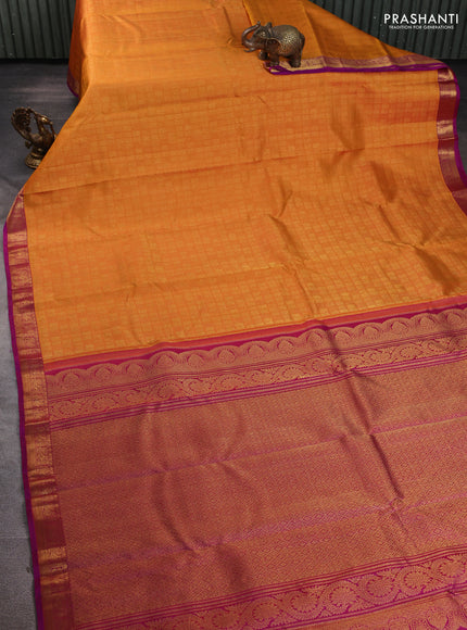 Pure kanchipuram silk saree mustard yellow and purple with allover zari woven brocade weaves and zari woven border