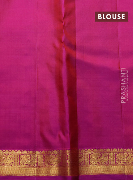 Pure kanchipuram silk saree mustard yellow and purple with allover zari woven brocade weaves and zari woven border