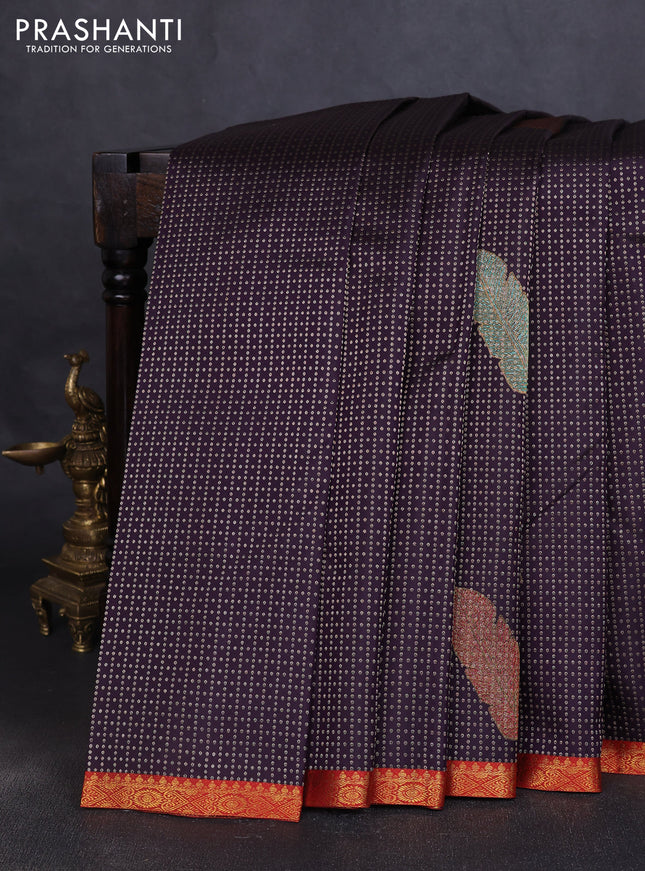 Pure kanchipuram silk saree jamun shade and orange with allover zari woven leaf weaves and zari woven border