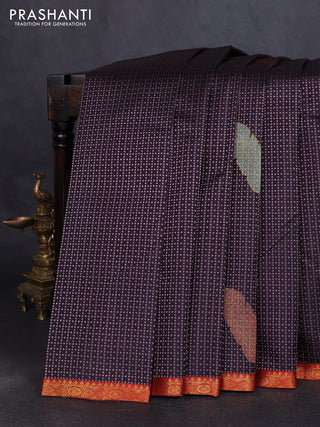 Pure kanchipuram silk saree jamun shade and orange with allover zari woven leaf weaves and zari woven border