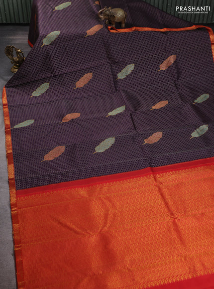 Pure kanchipuram silk saree jamun shade and orange with allover zari woven leaf weaves and zari woven border