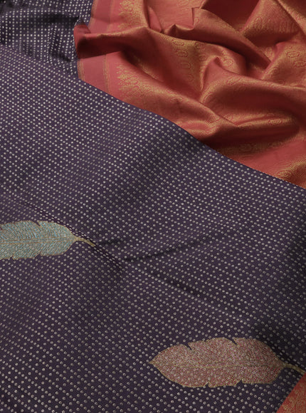 Pure kanchipuram silk saree jamun shade and orange with allover zari woven leaf weaves and zari woven border