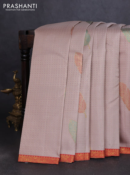 Pure kanchipuram silk saree beige and red with allover zari woven leaf weaves and zari woven border