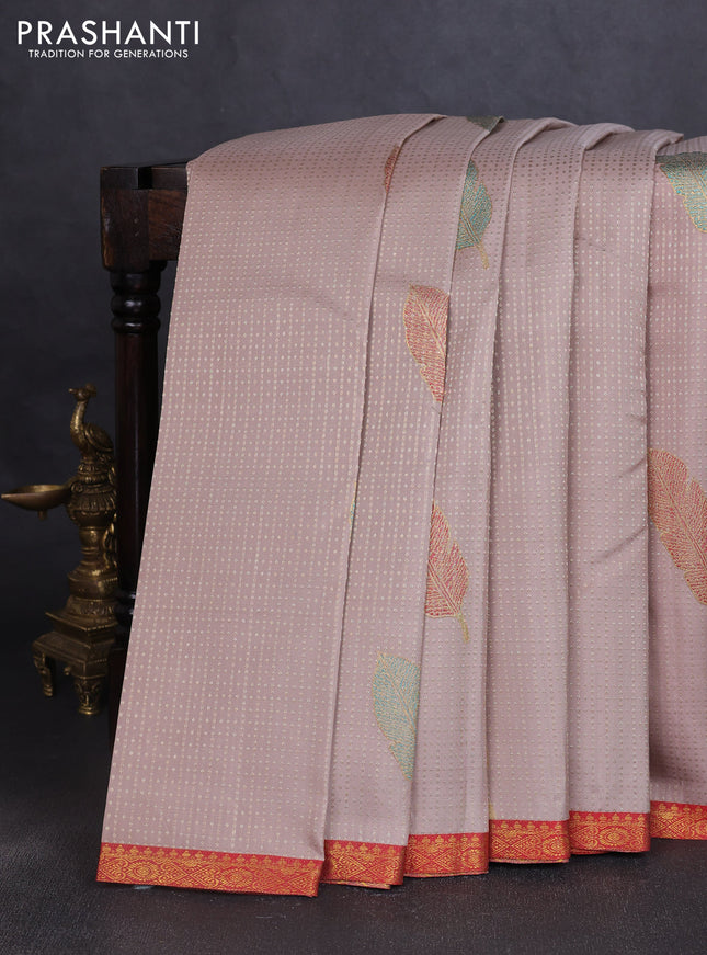 Pure kanchipuram silk saree beige and red with allover zari woven leaf weaves and zari woven border