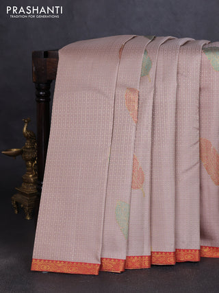 Pure kanchipuram silk saree beige and red with allover zari woven leaf weaves and zari woven border
