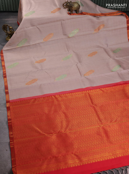 Pure kanchipuram silk saree beige and red with allover zari woven leaf weaves and zari woven border