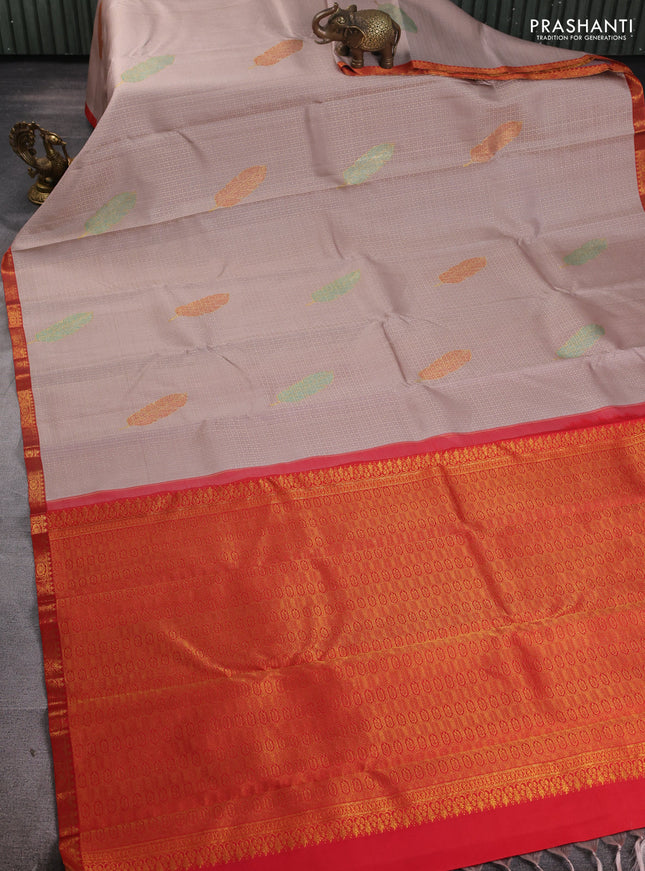 Pure kanchipuram silk saree beige and red with allover zari woven leaf weaves and zari woven border