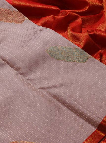 Pure kanchipuram silk saree beige and red with allover zari woven leaf weaves and zari woven border