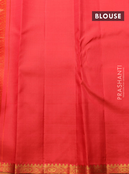 Pure kanchipuram silk saree beige and red with allover zari woven leaf weaves and zari woven border