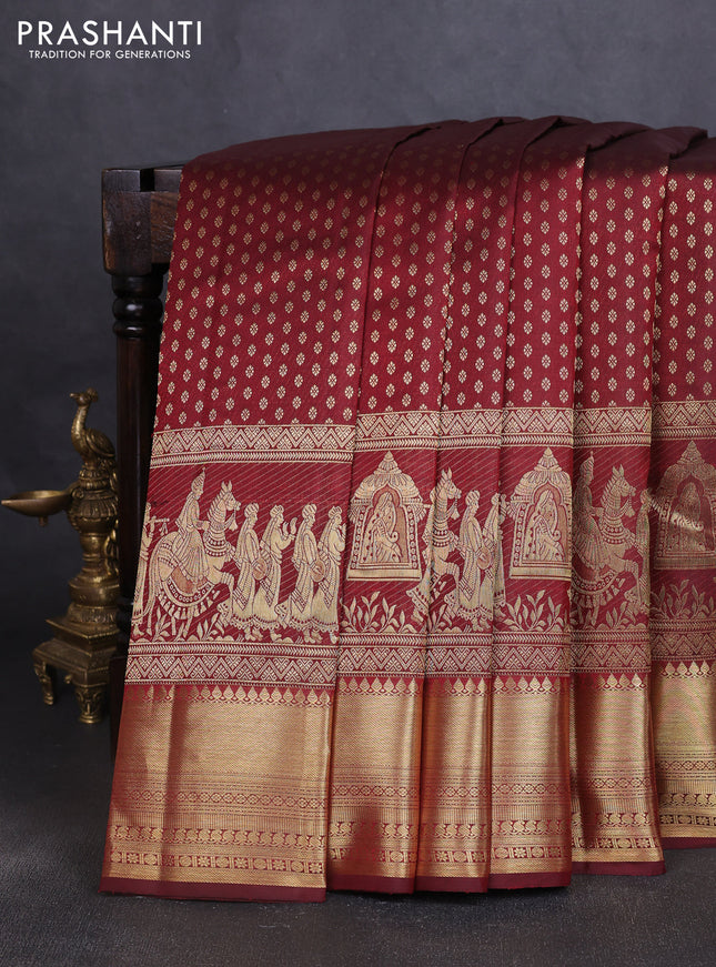 Pure kanchipuram silk saree maroon with allover zari woven butta weaves and long wedding design zari woven border