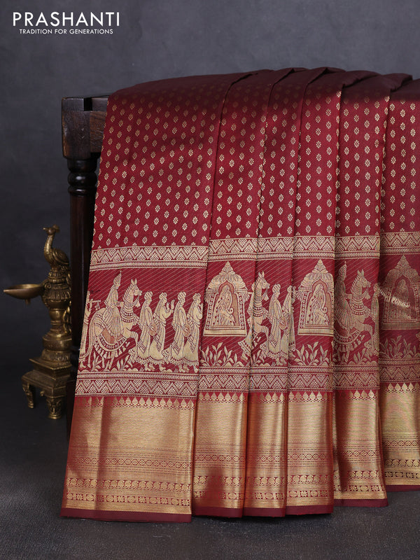 Pure kanchipuram silk saree maroon with allover zari woven butta weaves and long wedding design zari woven border