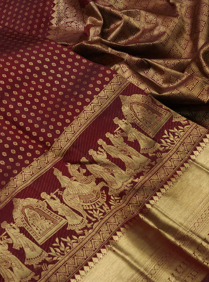 Pure kanchipuram silk saree maroon with allover zari woven butta weaves and long wedding design zari woven border