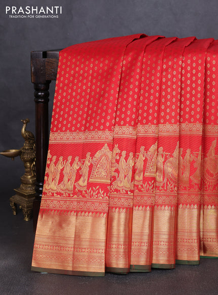Pure kanchipuram silk saree red and green with allover zari woven butta weaves and long wedding design zari woven border