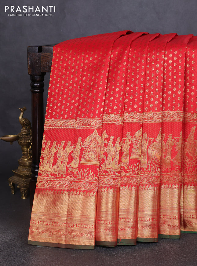 Pure kanchipuram silk saree red and green with allover zari woven butta weaves and long wedding design zari woven border