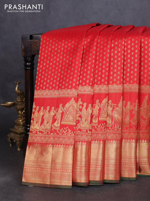 Pure kanchipuram silk saree red and green with allover zari woven butta weaves and long wedding design zari woven border