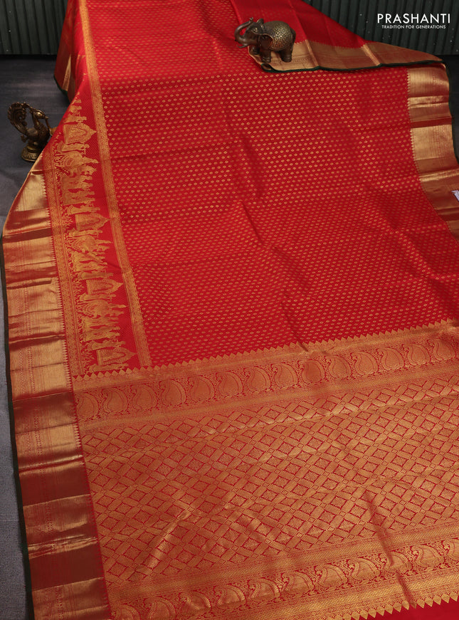 Pure kanchipuram silk saree red and green with allover zari woven butta weaves and long wedding design zari woven border