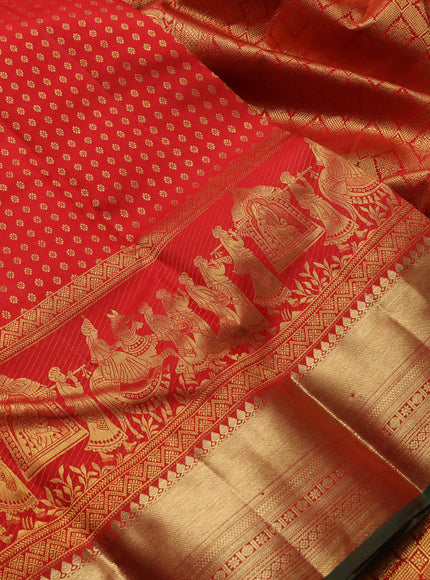 Pure kanchipuram silk saree red and green with allover zari woven butta weaves and long wedding design zari woven border