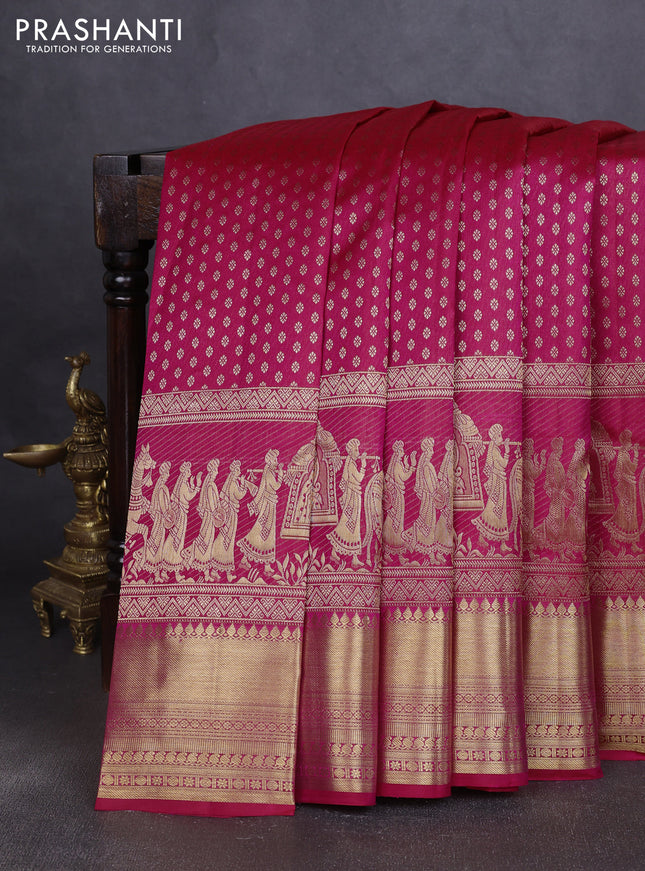 Pure kanchipuram silk saree pink with allover zari woven butta weaves and long wedding design zari woven border
