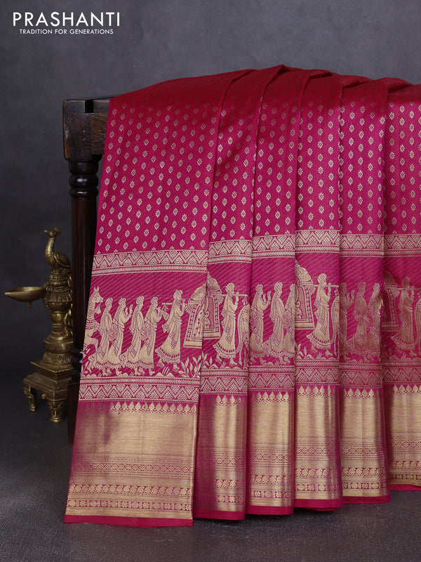 Pure kanchipuram silk saree pink with allover zari woven butta weaves and long wedding design zari woven border