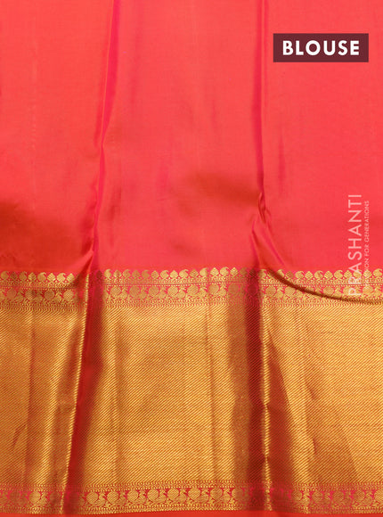Pure kanchipuram silk saree royal blue and dual shade of pinkish orange with allover zari woven butta weaves and long rich zari woven border
