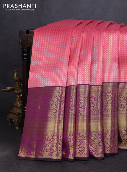 Pure kanchipuram silk saree mild peach pink and purple with allover silver & gold zari woven butta brocade weaves and long rich zari woven korvai border