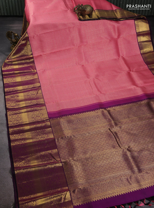 Pure kanchipuram silk saree mild peach pink and purple with allover silver & gold zari woven butta brocade weaves and long rich zari woven korvai border