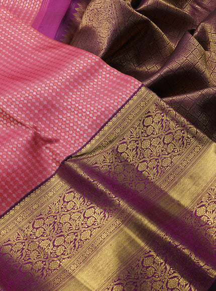 Pure kanchipuram silk saree mild peach pink and purple with allover silver & gold zari woven butta brocade weaves and long rich zari woven korvai border