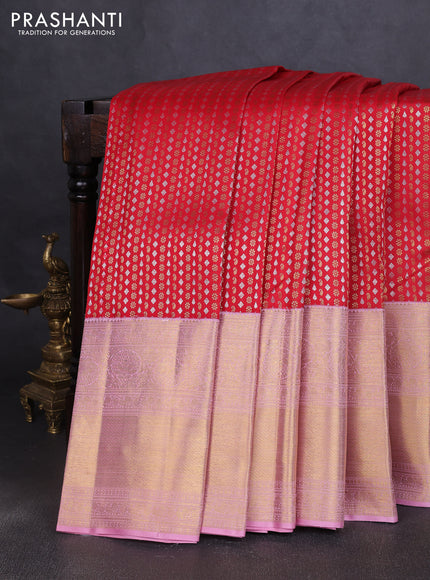 Pure kanchipuram silk saree red and light pink with allover silver & gold zari woven butta brocade weaves and long rich zari woven korvai border