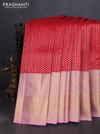 Pure kanchipuram silk saree red and light pink with allover silver & gold zari woven butta brocade weaves and long rich zari woven korvai border