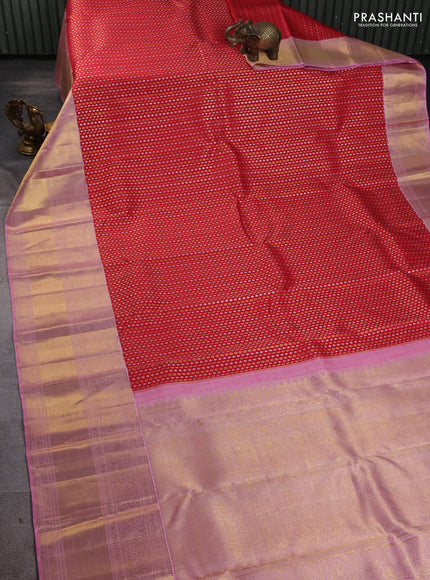 Pure kanchipuram silk saree red and light pink with allover silver & gold zari woven butta brocade weaves and long rich zari woven korvai border