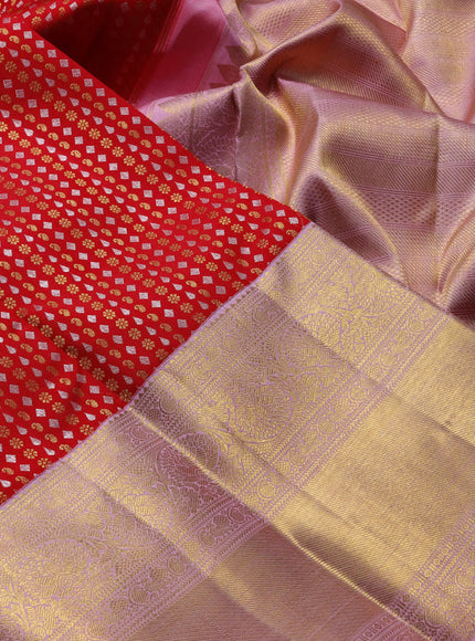 Pure kanchipuram silk saree red and light pink with allover silver & gold zari woven butta brocade weaves and long rich zari woven korvai border