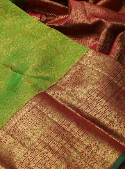 Pure kanchipuram silk saree light green and maroon with allover zari woven brocade weaves and long rich annam zari woven border