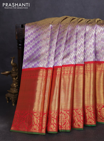Pure kanchipuram tissue silk saree lavender and red with allover zig zag zari woven brocade weaves and long rich zari woven border
